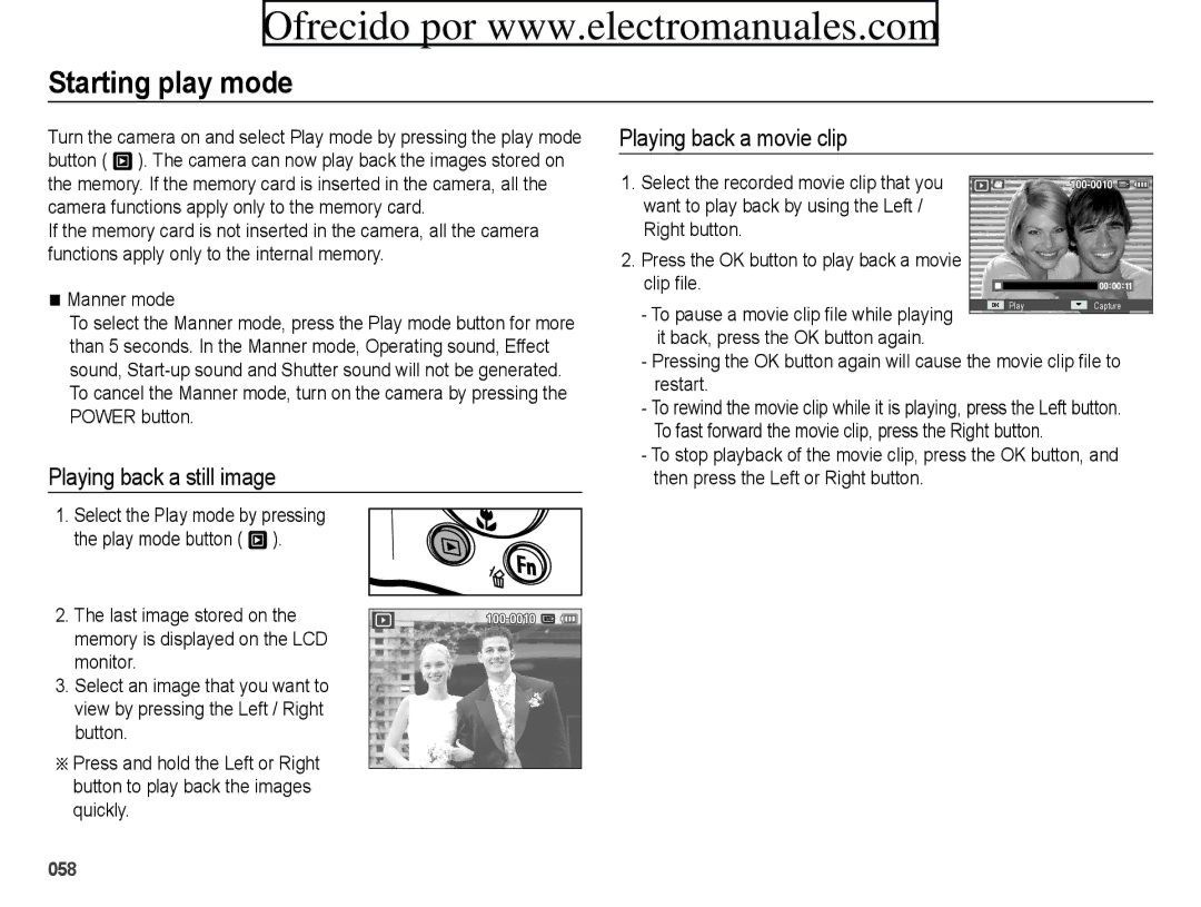 Samsung ES71, ES70 user manual Starting play mode, Playing back a still image, Playing back a movie clip, Manner mode 