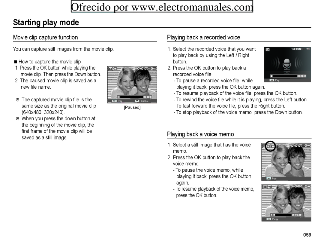 Samsung ES70, ES71 user manual Movie clip capture function, Playing back a recorded voice, Playing back a voice memo 