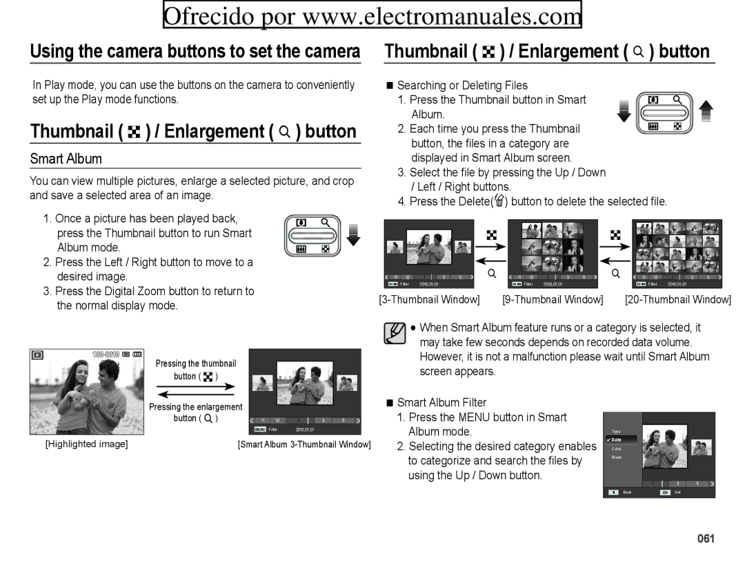 Samsung ES70, ES71 user manual Thumbnail º / Enlargement † button, Smart Album, Thumbnail Window 