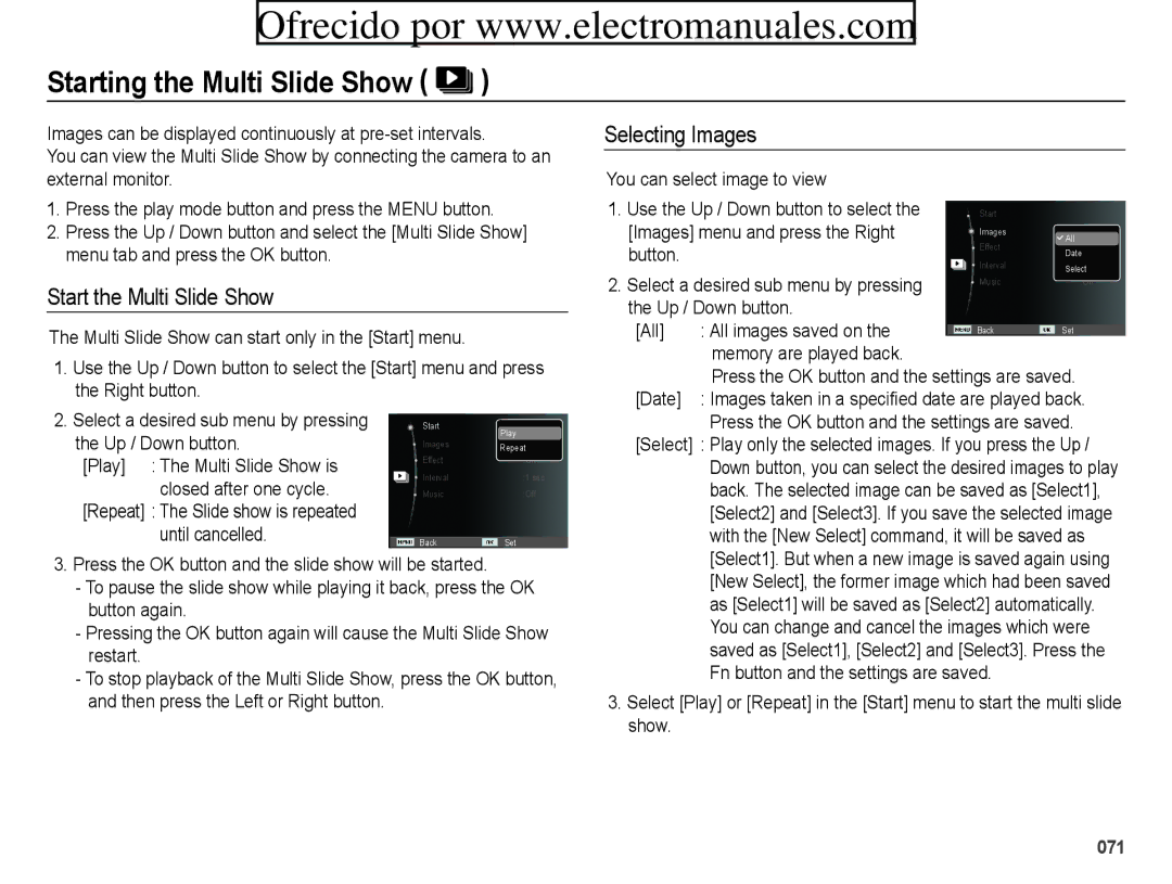 Samsung ES70, ES71 user manual Starting the Multi Slide Show, Start the Multi Slide Show, Selecting Images 