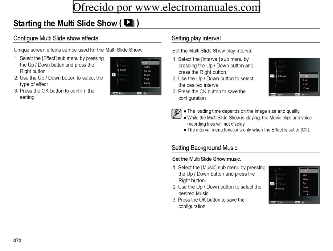 Samsung ES71, ES70 user manual Configure Multi Slide show effects, Setting play interval, Setting Background Music 