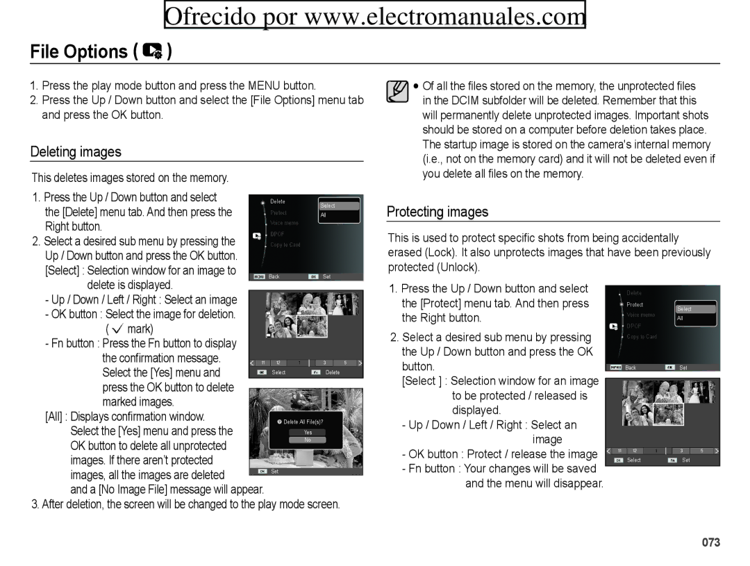 Samsung ES70, ES71 user manual File Options, Deleting images, Protecting images, Up / Down / Left / Right Select an image 