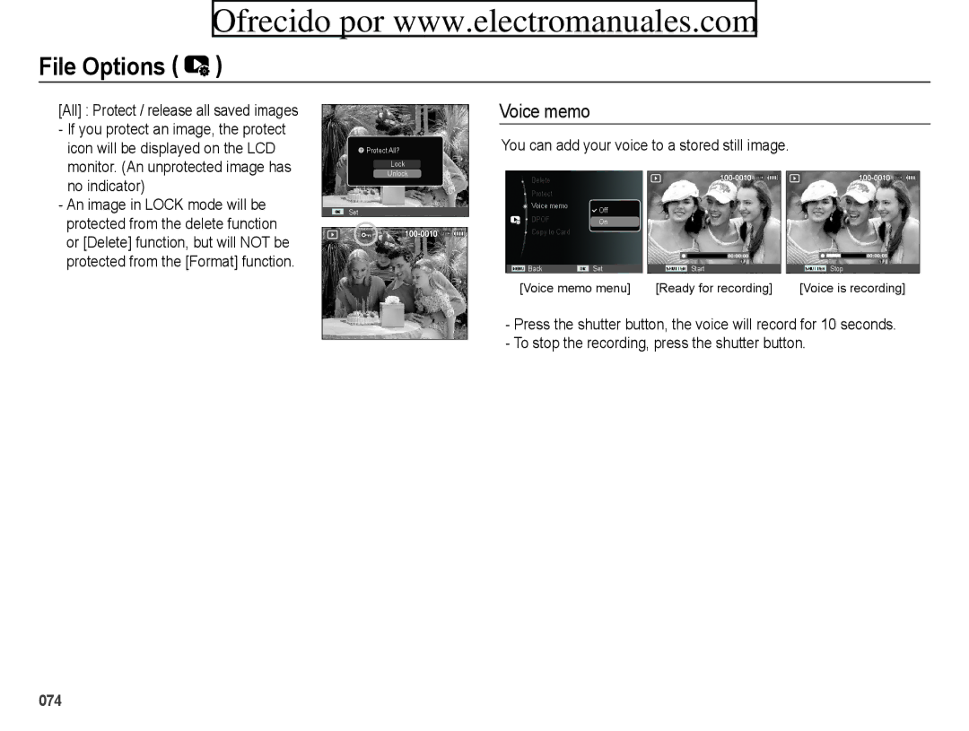 Samsung ES71, ES70 user manual Voice memo, All Protect / release all saved images 