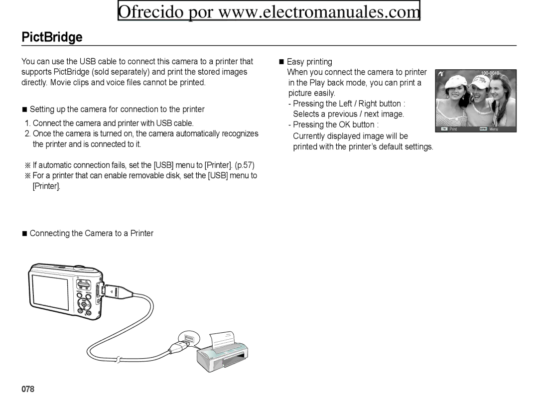 Samsung ES71, ES70 user manual PictBridge, Connecting the Camera to a Printer 