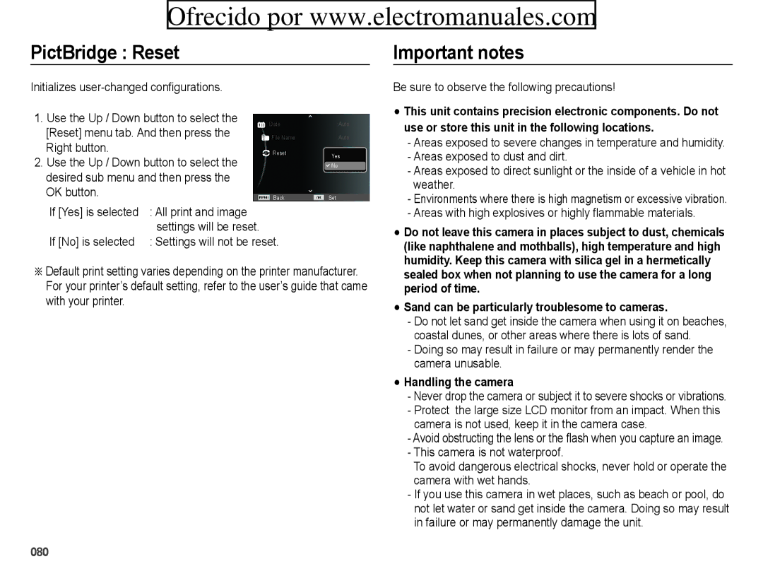 Samsung ES71, ES70 user manual PictBridge Reset, Important notes, Initializes user-changed configurations 