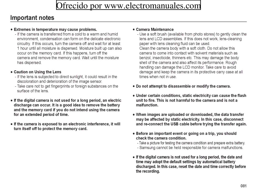 Samsung ES70, ES71 Extremes in temperature may cause problems, Samsung cannot be held responsible for camera malfunctions 