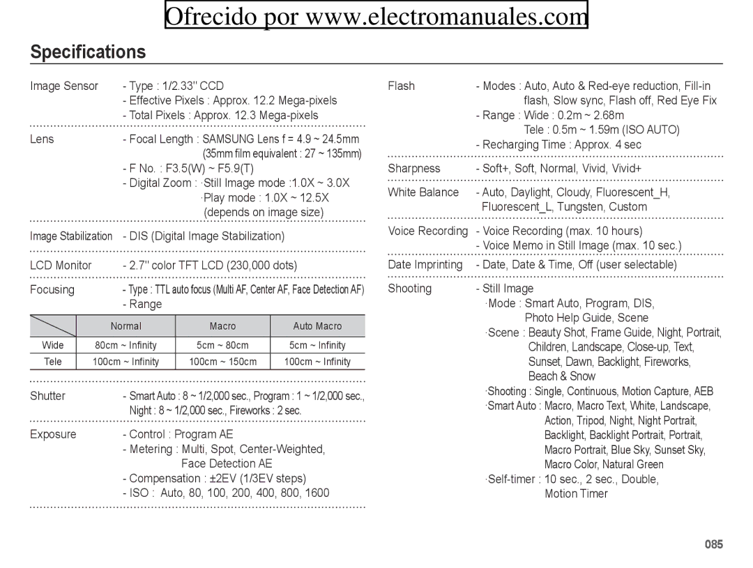 Samsung ES70, ES71 user manual Specifications 