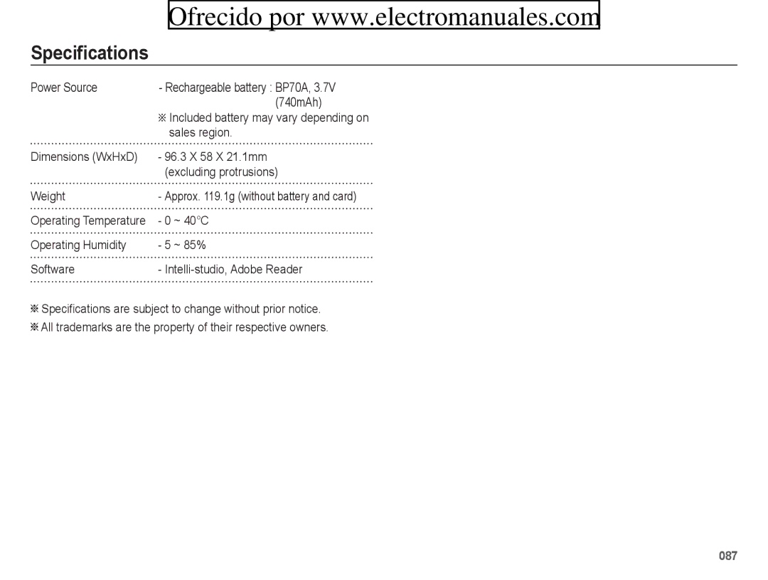 Samsung ES70, ES71 user manual ~ 40C, Operating Temperature 