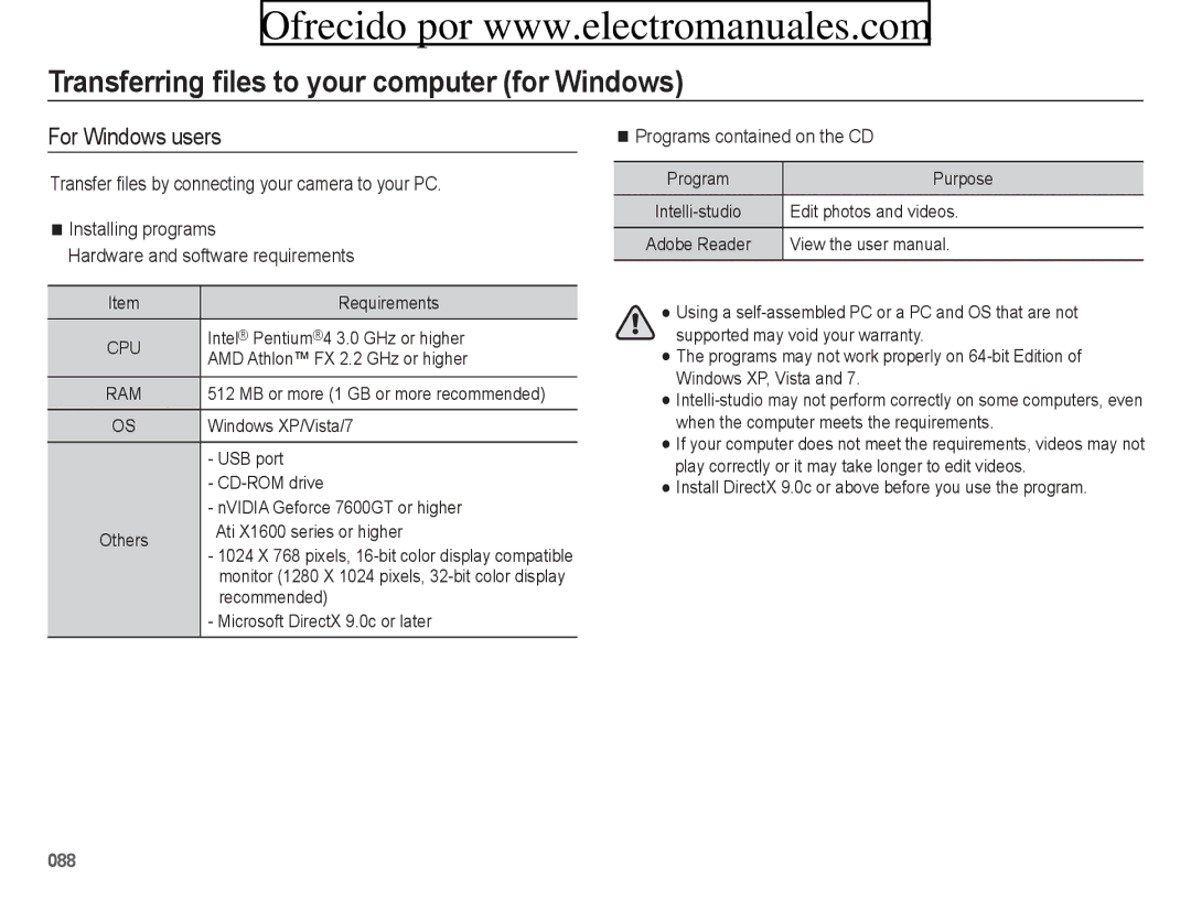 Samsung ES71, ES70 Transferring files to your computer for Windows, For Windows users, Programs contained on the CD 