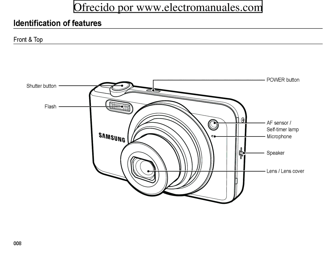 Samsung ES71, ES70 Identification of features, Front & Top, Shutter button Flash Power button, Speaker Lens / Lens cover 