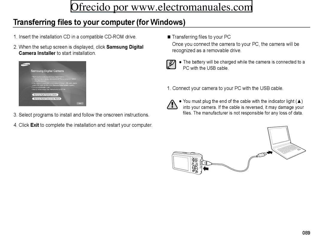 Samsung ES70 Insert the installation CD in a compatible CD-ROM drive, Connect your camera to your PC with the USB cable 