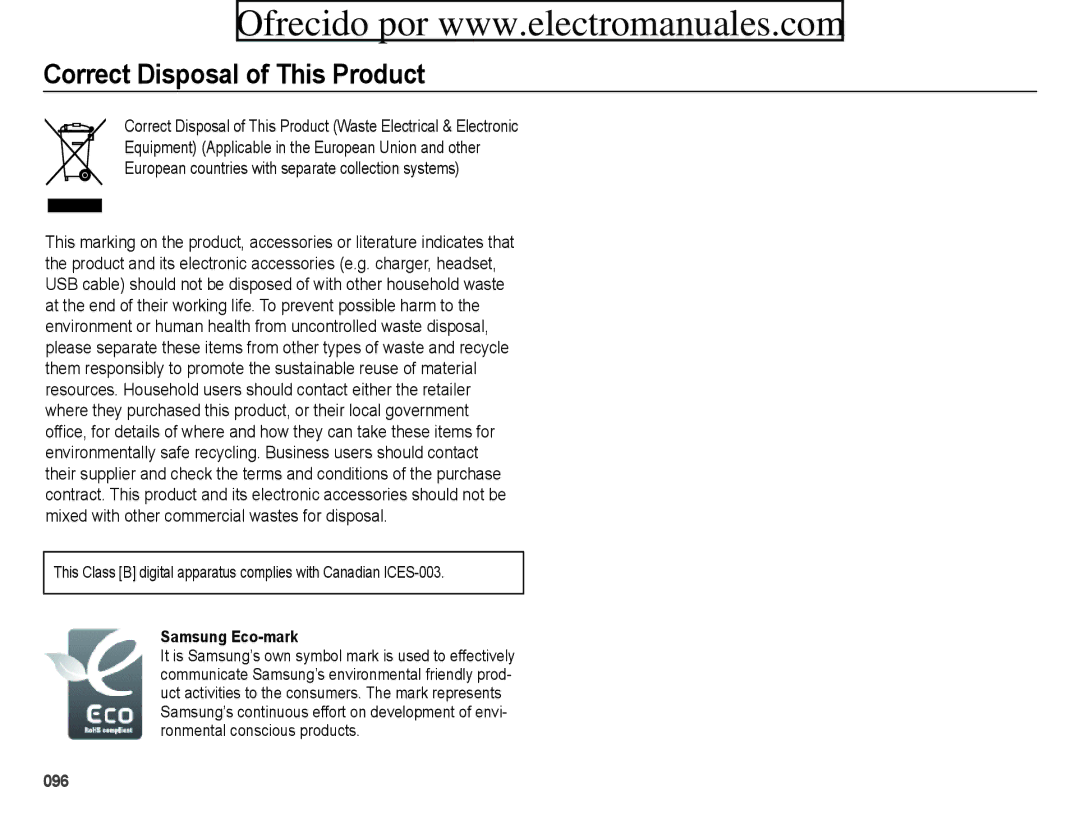 Samsung ES71, ES70 user manual Correct Disposal of This Product, Samsung Eco-mark 