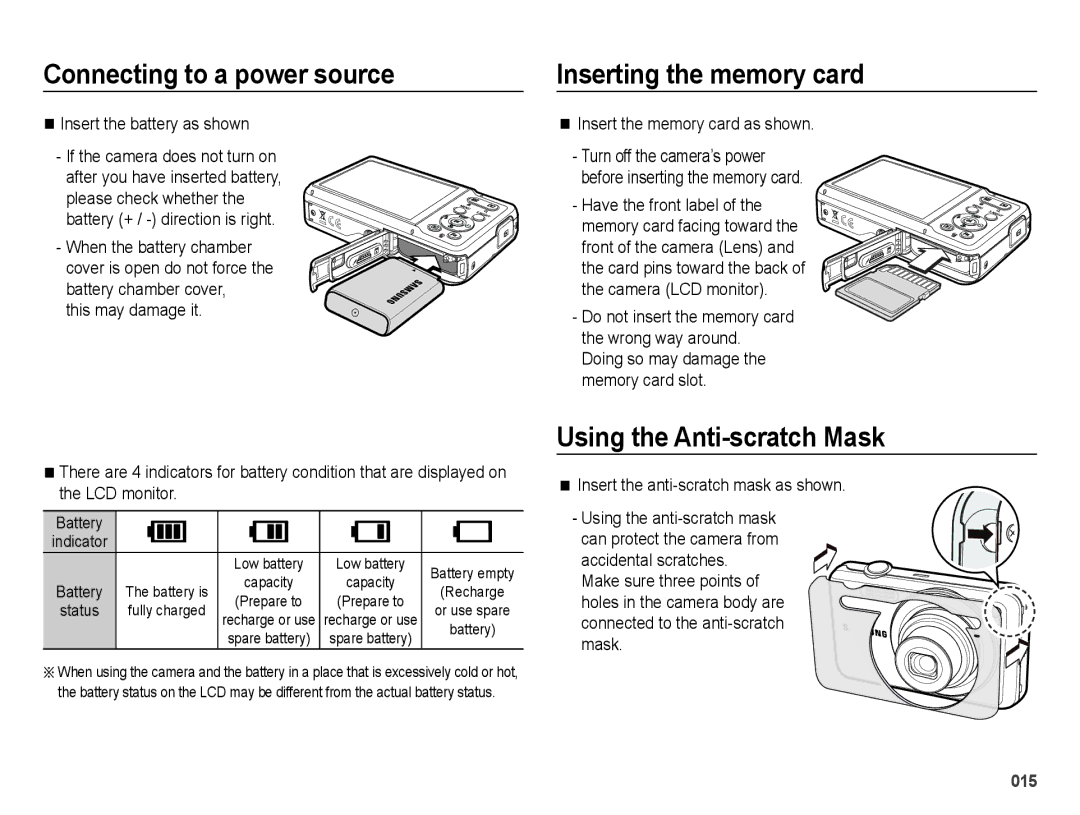 Samsung ES73, ES74 user manual Inserting the memory card, Using the Anti-scratch Mask 