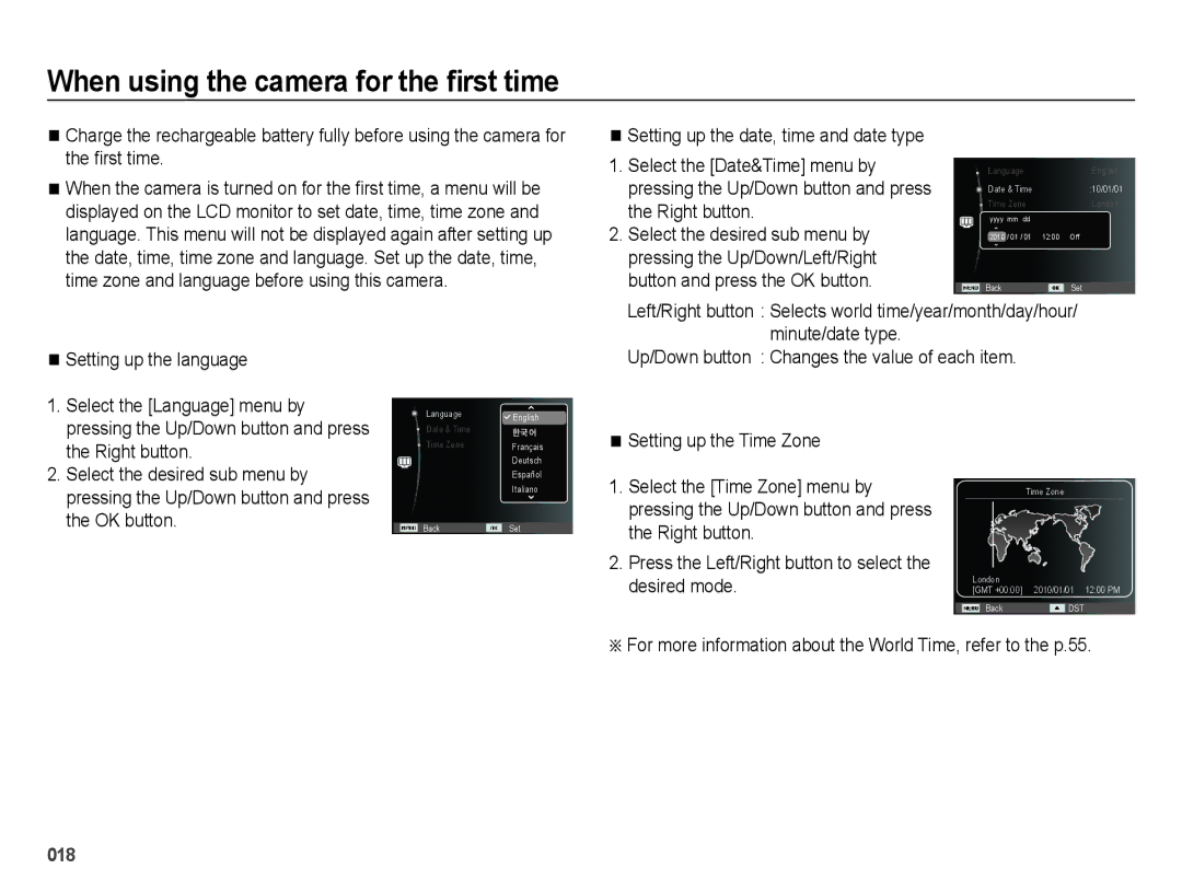 Samsung ES74, ES73 When using the camera for the first time, For more information about the World Time, refer to the p.55 