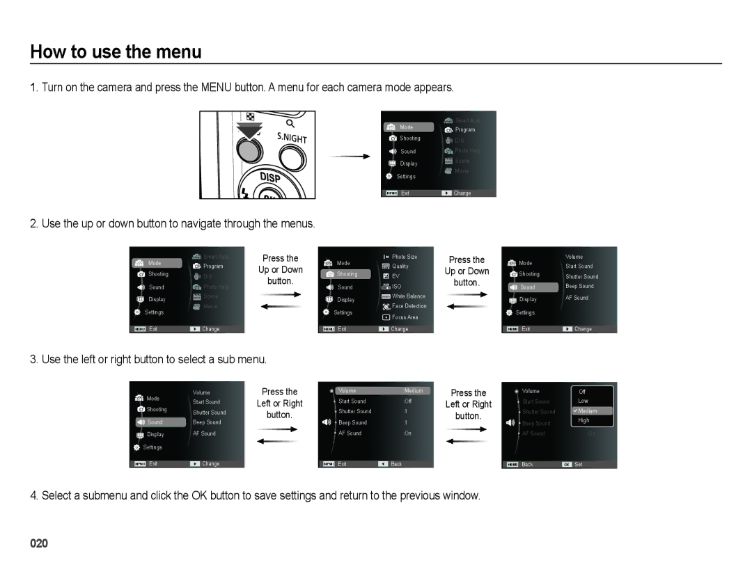 Samsung ES74, ES73 user manual How to use the menu, Use the up or down button to navigate through the menus 