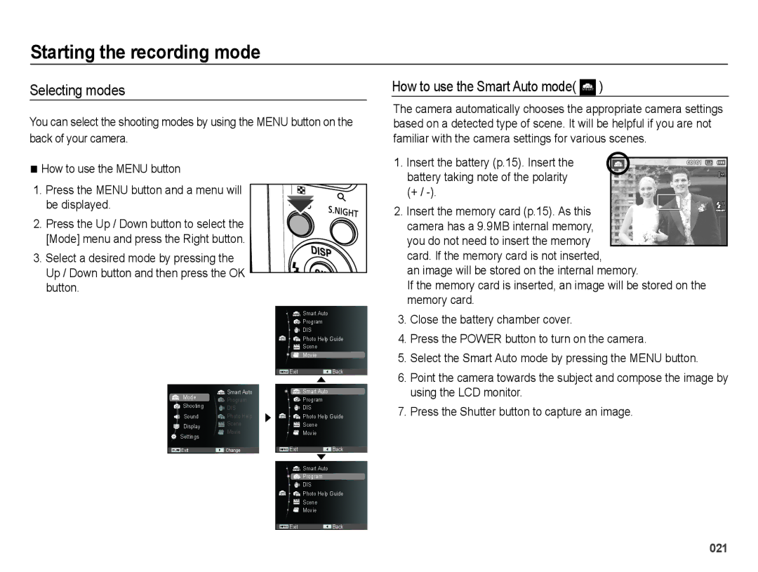 Samsung ES73, ES74 user manual Starting the recording mode, Selecting modes, How to use the Smart Auto mode 