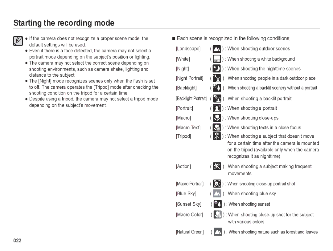 Samsung ES74, ES73 user manual Each scene is recognized in the following conditions 