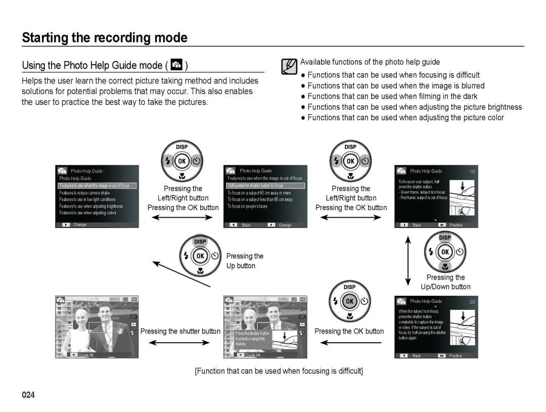 Samsung ES74, ES73 user manual Using the Photo Help Guide mode 