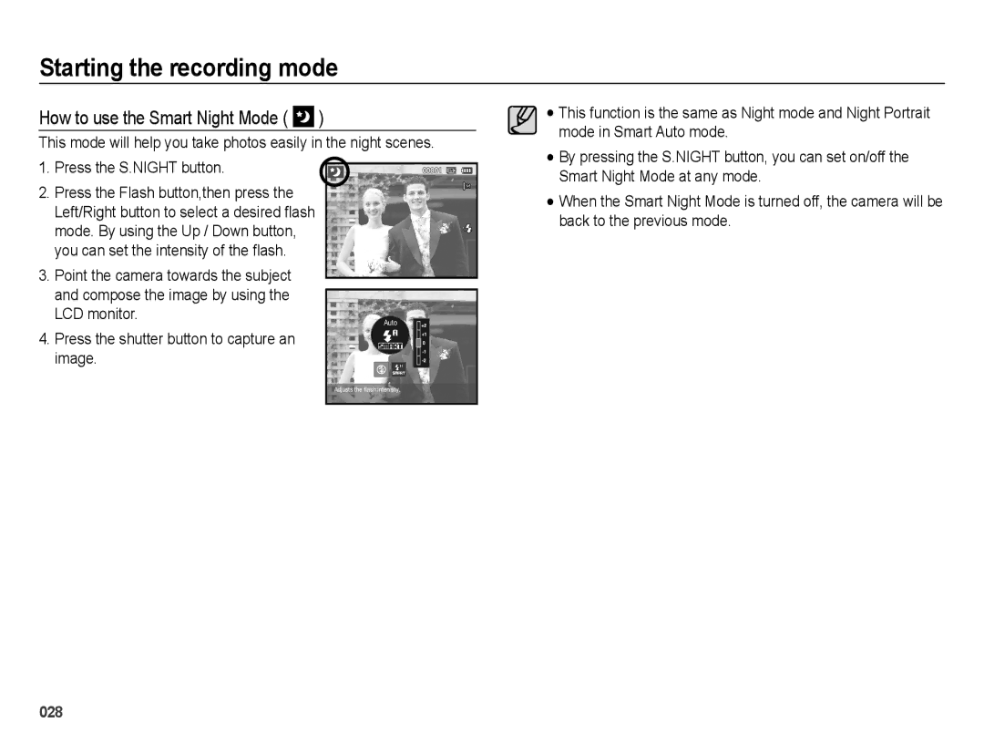 Samsung ES74, ES73 user manual How to use the Smart Night Mode, Image, Press the Flash button,then press 