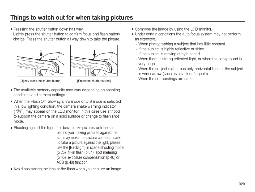 Samsung ES73, ES74 user manual Things to watch out for when taking pictures, Pressing the shutter button down half way 