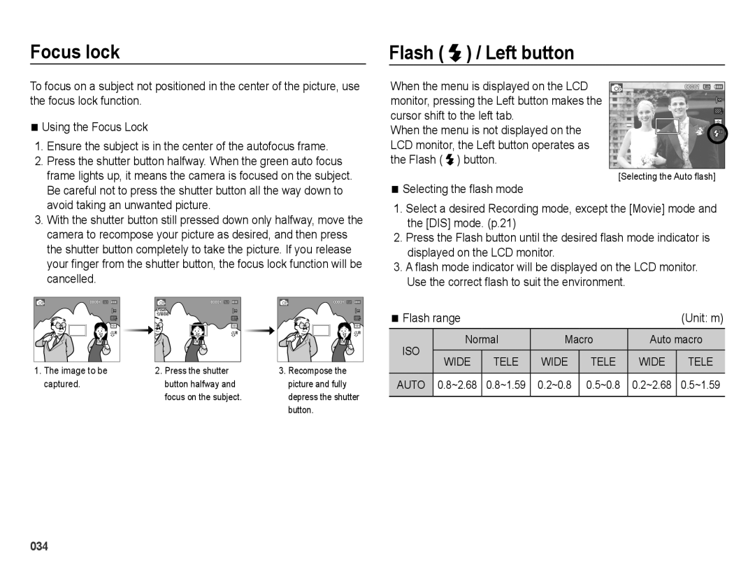 Samsung ES74, ES73 user manual Focus lock, Flash / Left button, Flash range, Normal Macro Auto macro, ~0.8 