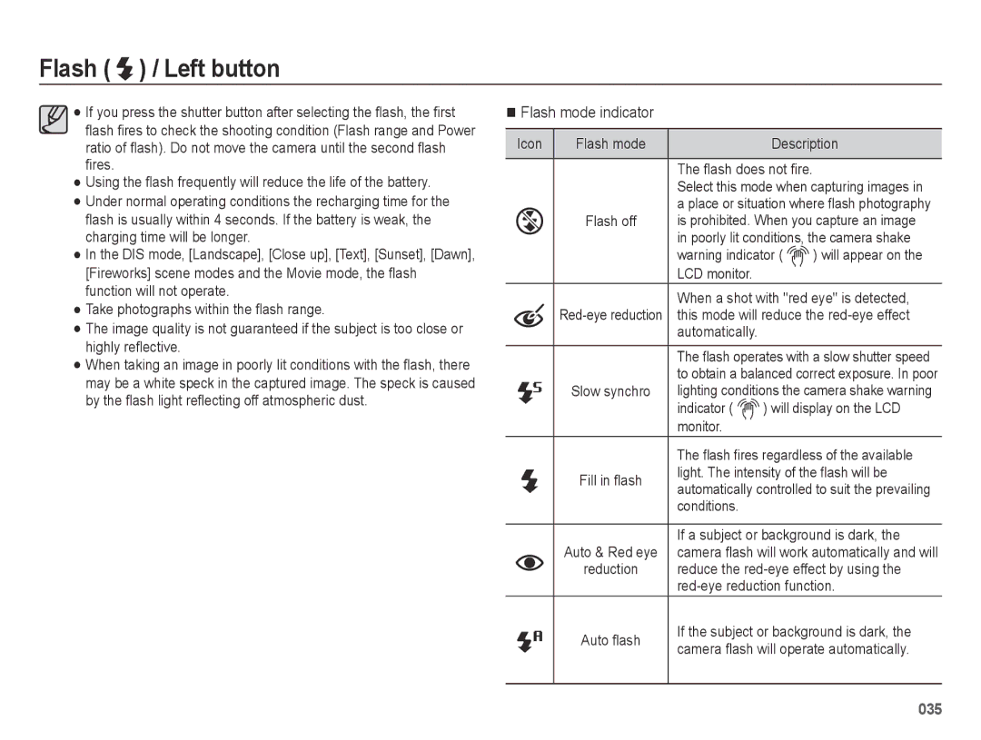 Samsung ES73, ES74 user manual Flash mode indicator 