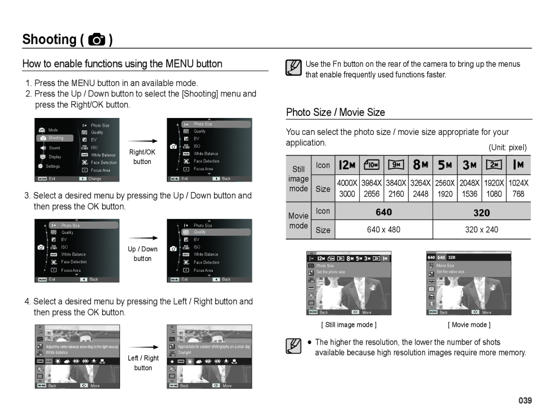 Samsung ES73, ES74 user manual How to enable functions using the Menu button, Photo Size / Movie Size 