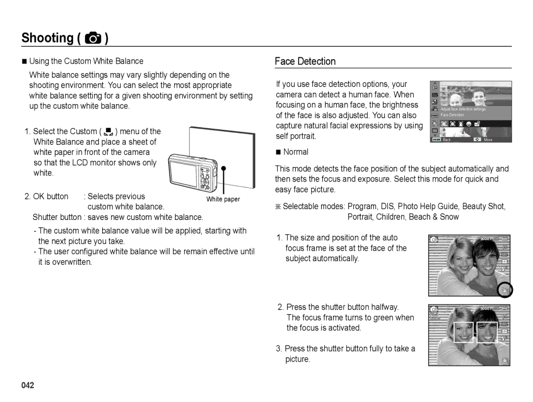 Samsung ES74, ES73 user manual Face Detection, ÊUsing the Custom White Balance, Up the custom white balance, Normal 