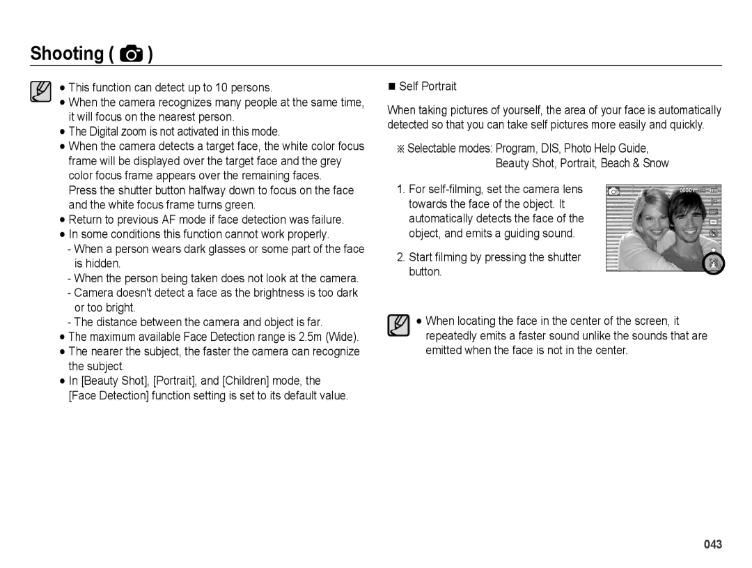 Samsung ES73, ES74 user manual Self Portrait, Return to previous AF mode if face detection was failure 