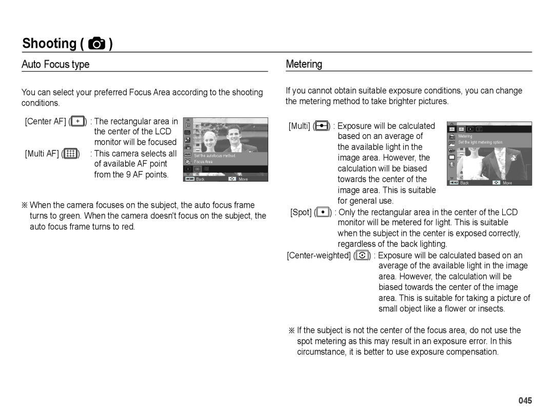 Samsung ES73, ES74 user manual Auto Focus type, Metering 