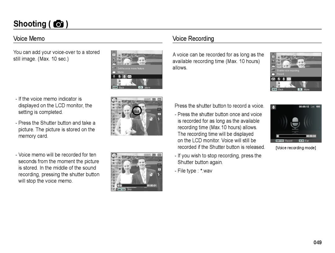 Samsung ES73, ES74 user manual Voice Memo Voice Recording, Shutter button again, File type *.wav 