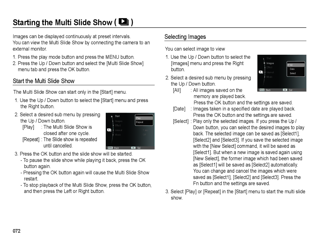 Samsung ES74, ES73 user manual Starting the Multi Slide Show, Start the Multi Slide Show, Selecting Images 