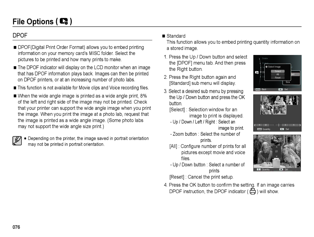 Samsung ES74, ES73 user manual May not support the wide angle size print, Reset Cancel the print setup 