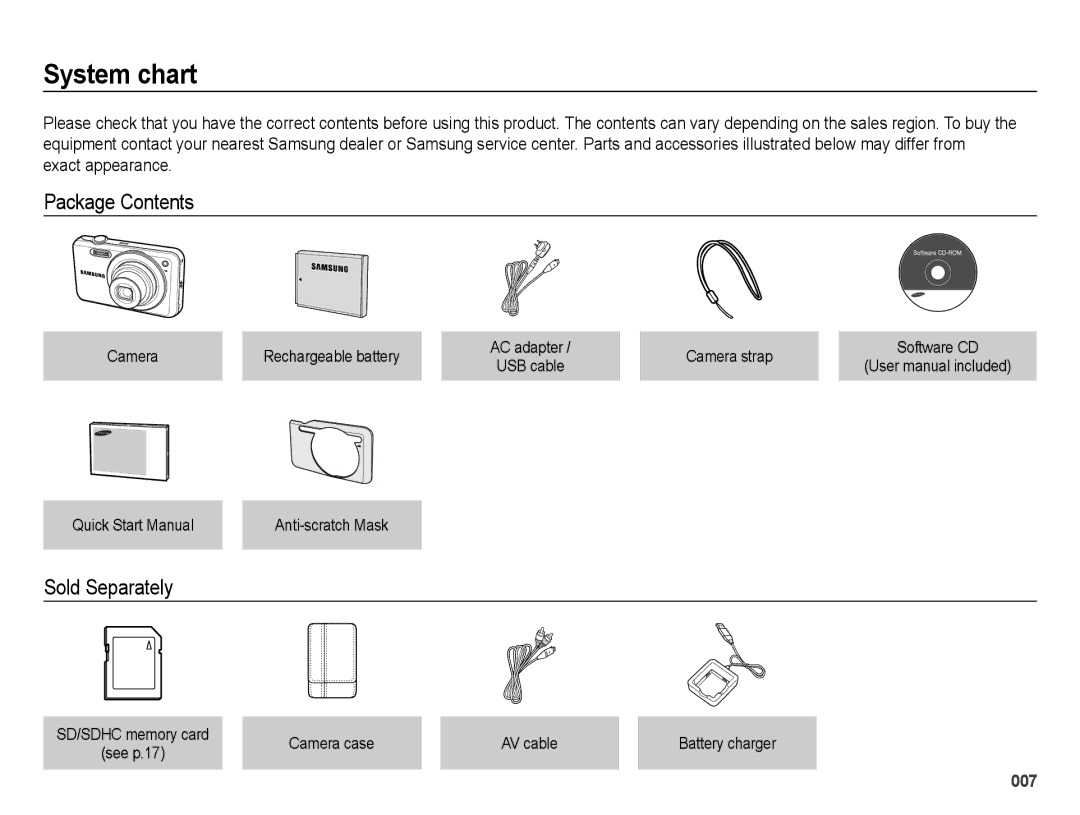 Samsung ES73, ES74 user manual System chart, Package Contents, Sold Separately 