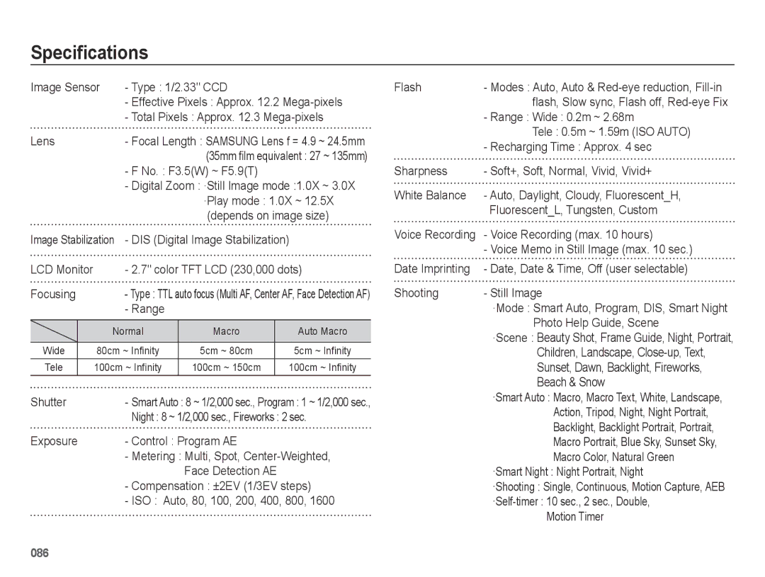 Samsung ES74, ES73 user manual Specifications 