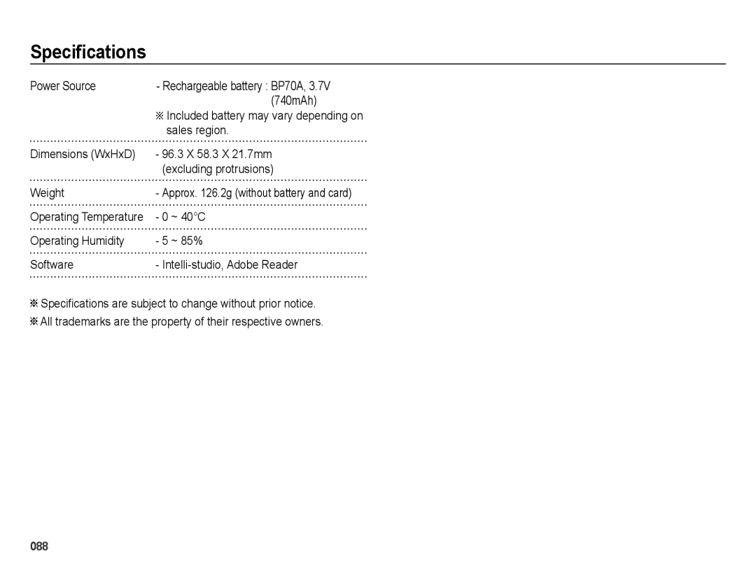 Samsung ES74, ES73 user manual Power Source, 740mAh, Sales region, ~ 40C 