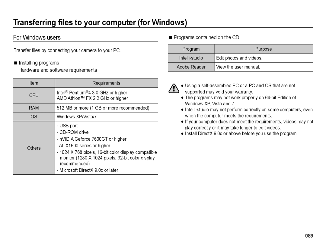 Samsung ES73, ES74 Transferring files to your computer for Windows, For Windows users, Programs contained on the CD 