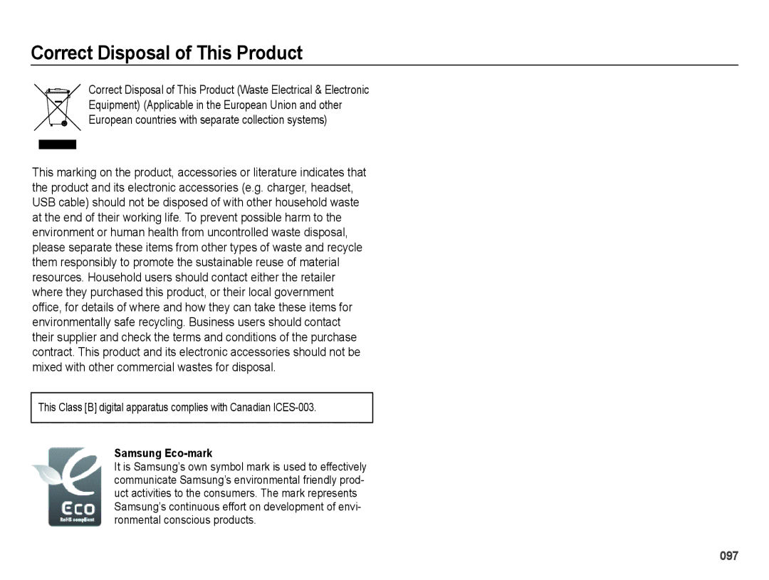 Samsung ES73, ES74 user manual Correct Disposal of This Product, Samsung Eco-mark 