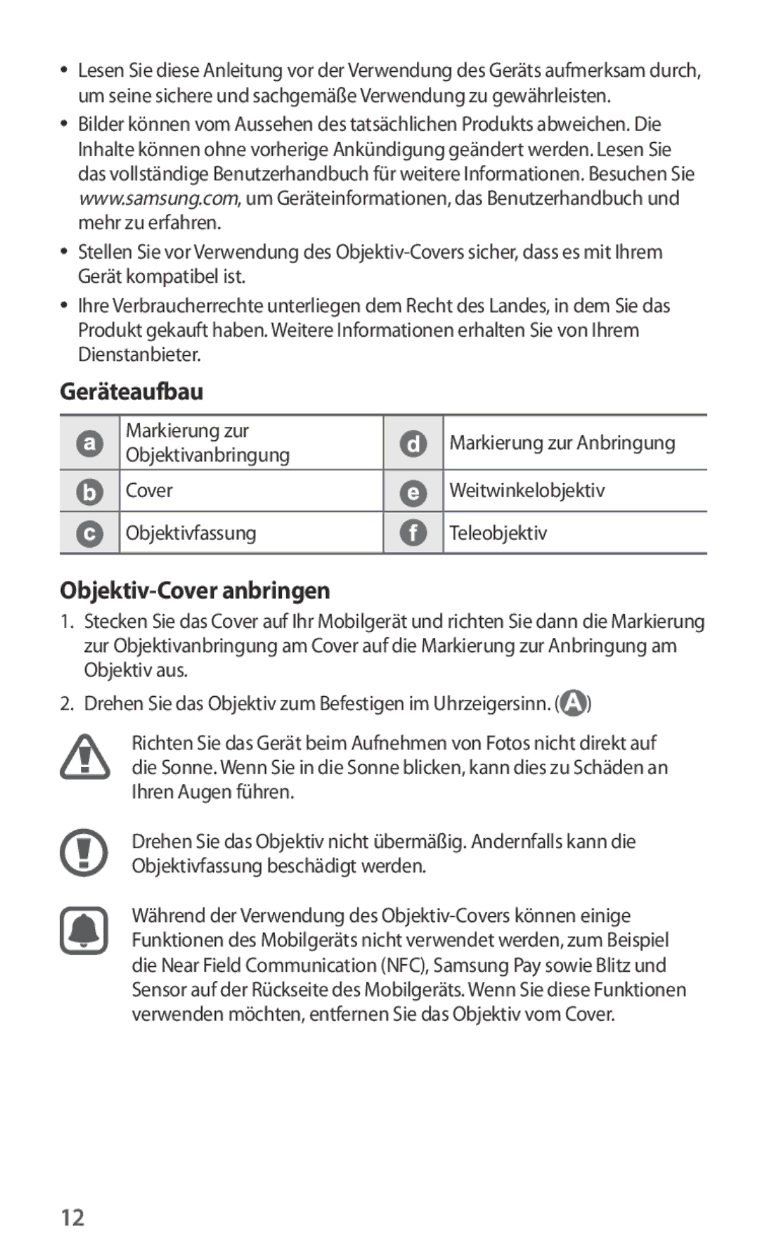 Samsung ET-CG935DBEGWW, ET-CG930DBEGWW, ET-CG930DBEGRU manual Geräteaufbau, Objektiv-Cover anbringen, Markierung zur 