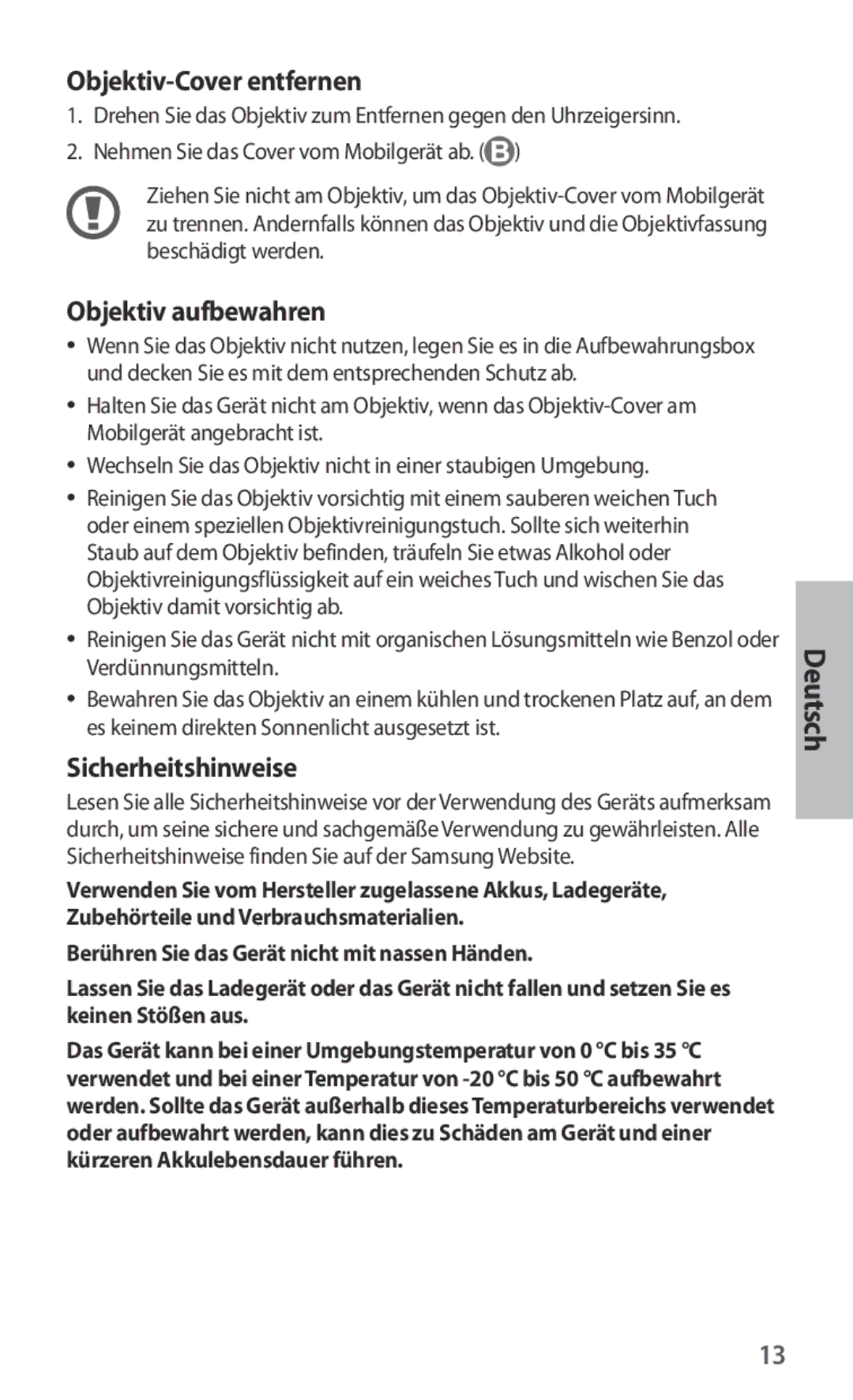 Samsung ET-CG930DBEGWW, ET-CG935DBEGWW manual Objektiv-Cover entfernen, Objektiv aufbewahren, Sicherheitshinweise, Deutsch 