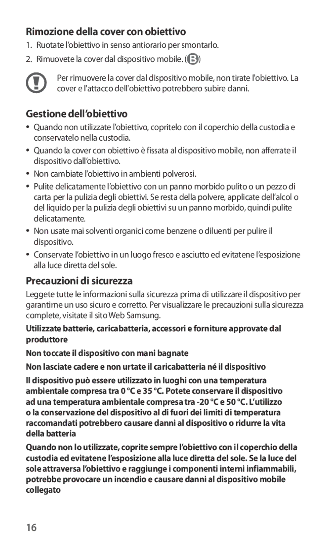 Samsung ET-CG935DBEGWW manual Rimozione della cover con obiettivo, Gestione dell’obiettivo, Precauzioni di sicurezza 