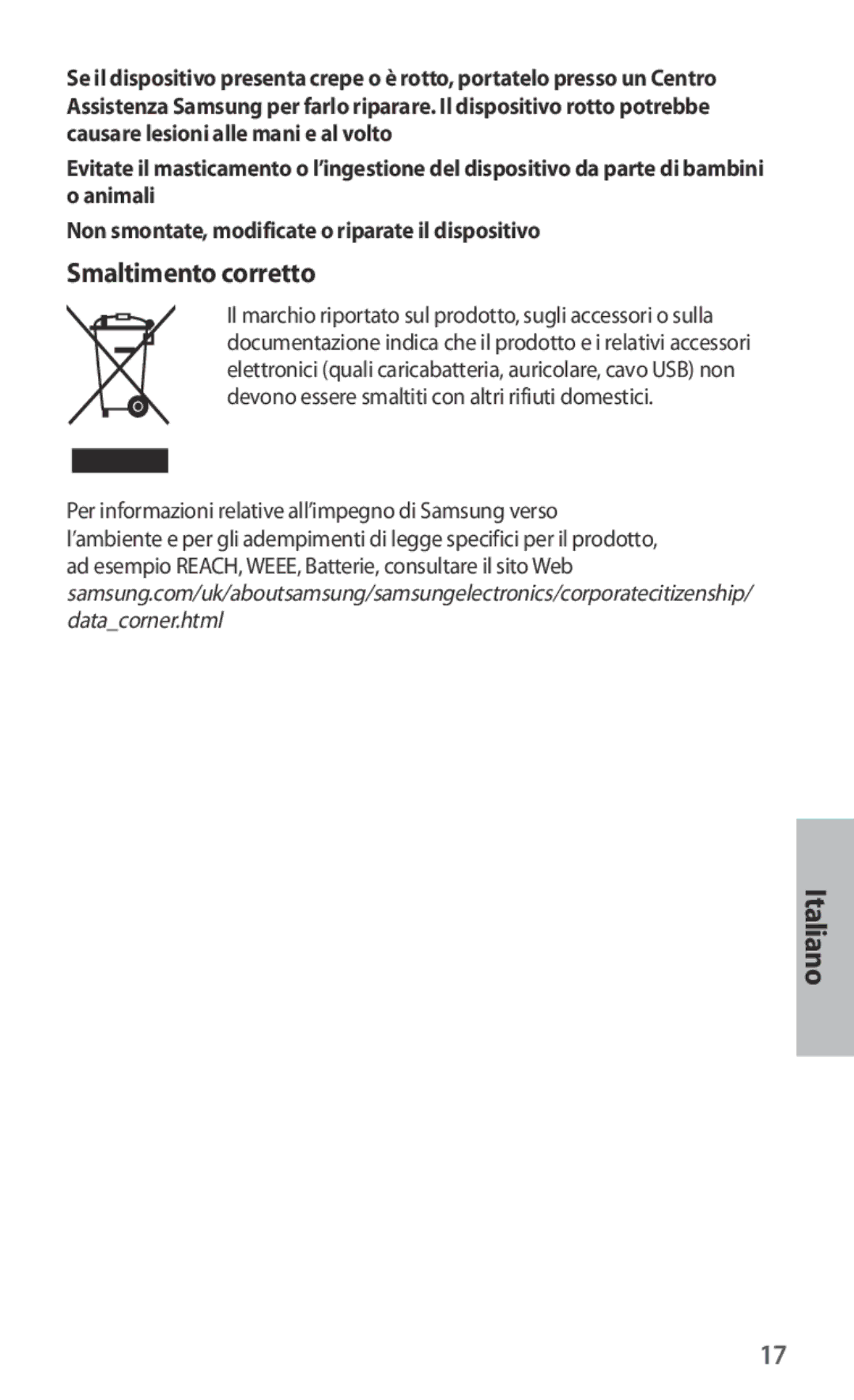 Samsung ET-CG930DBEGWW, ET-CG935DBEGWW, ET-CG930DBEGRU, ET-CG935DBEGRU manual Smaltimento corretto 