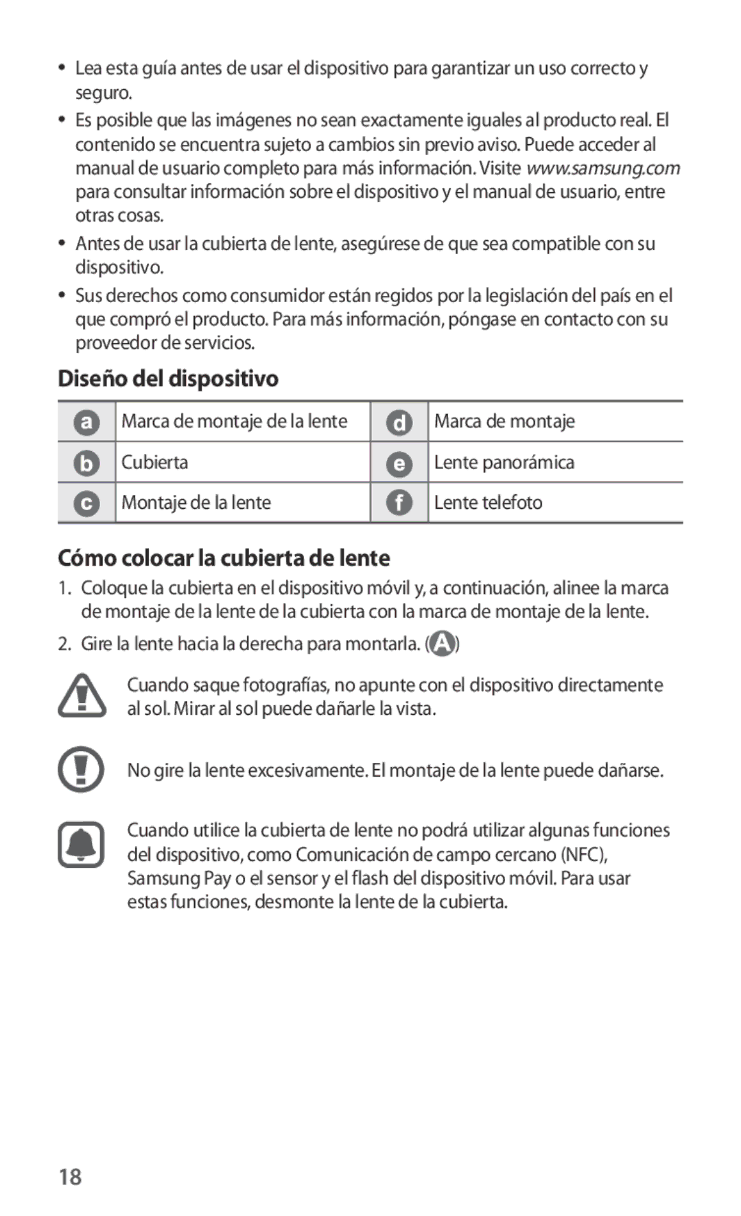 Samsung ET-CG930DBEGRU, ET-CG935DBEGWW manual Diseño del dispositivo, Cómo colocar la cubierta de lente, Marca de montaje 