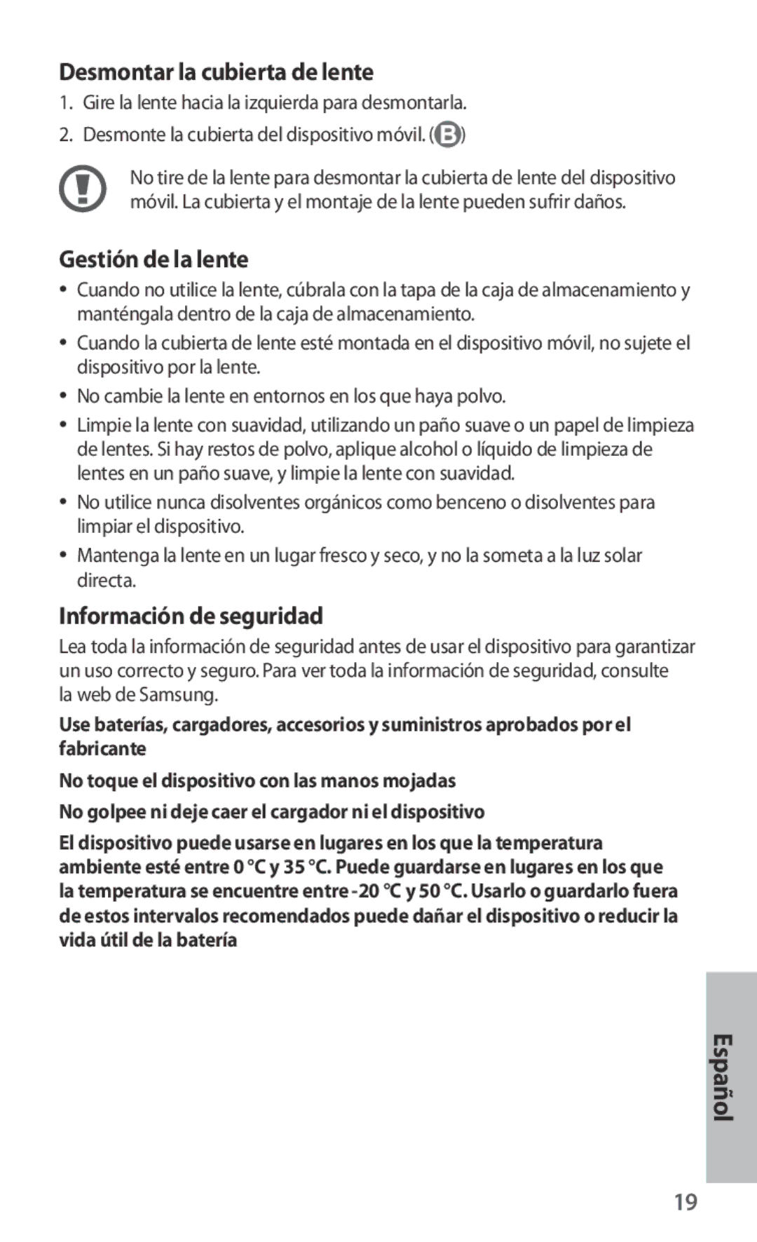 Samsung ET-CG935DBEGRU, ET-CG935DBEGWW manual Desmontar la cubierta de lente, Gestión de la lente, Información de seguridad 