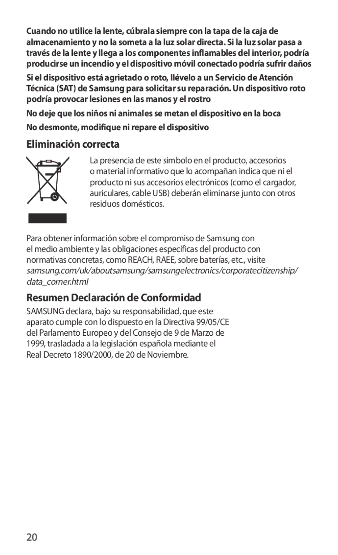 Samsung ET-CG935DBEGWW, ET-CG930DBEGWW, ET-CG930DBEGRU manual Eliminación correcta, Resumen Declaración de Conformidad 