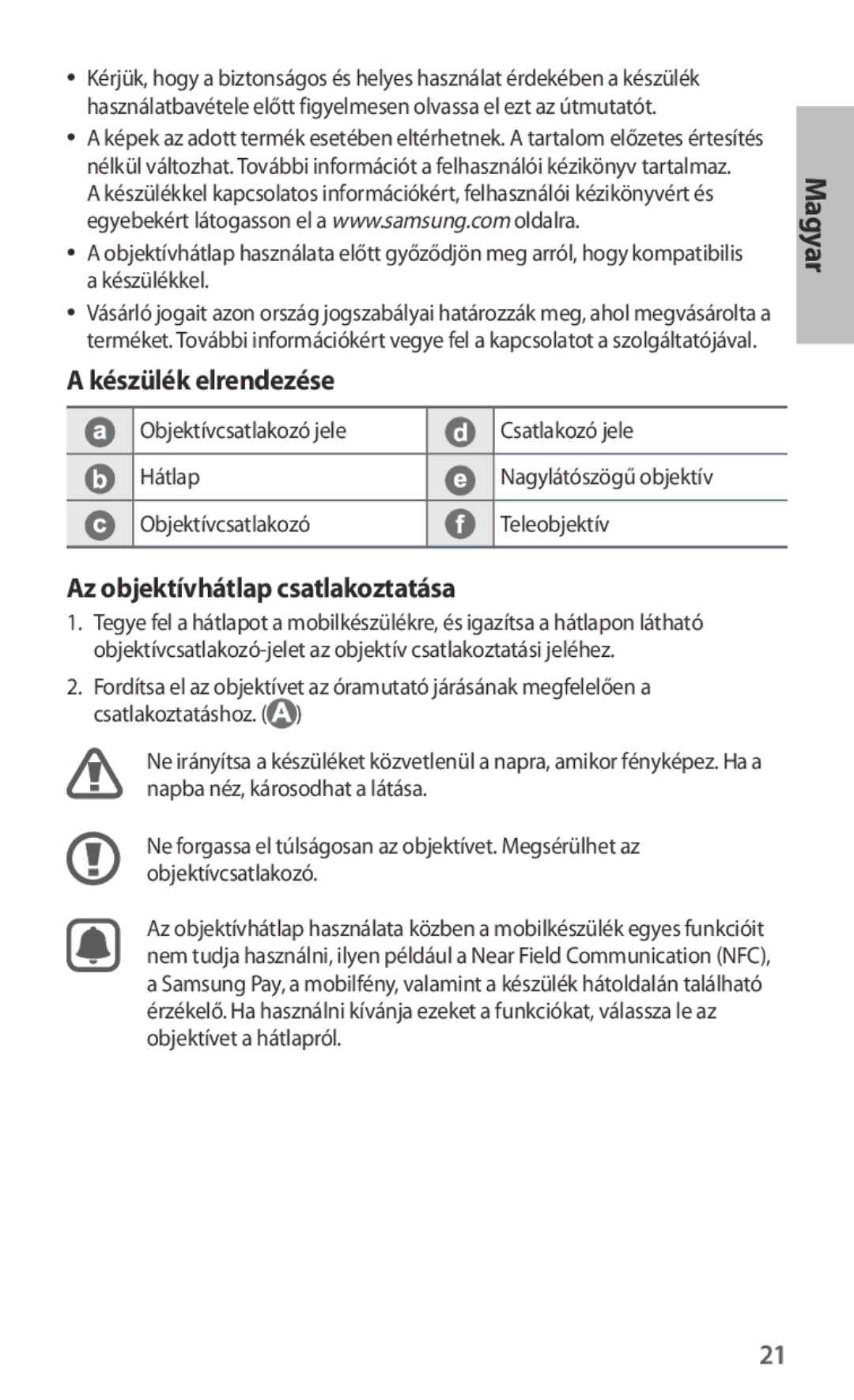 Samsung ET-CG930DBEGWW, ET-CG935DBEGWW, ET-CG930DBEGRU manual Készülék elrendezése, Az objektívhátlap csatlakoztatása 