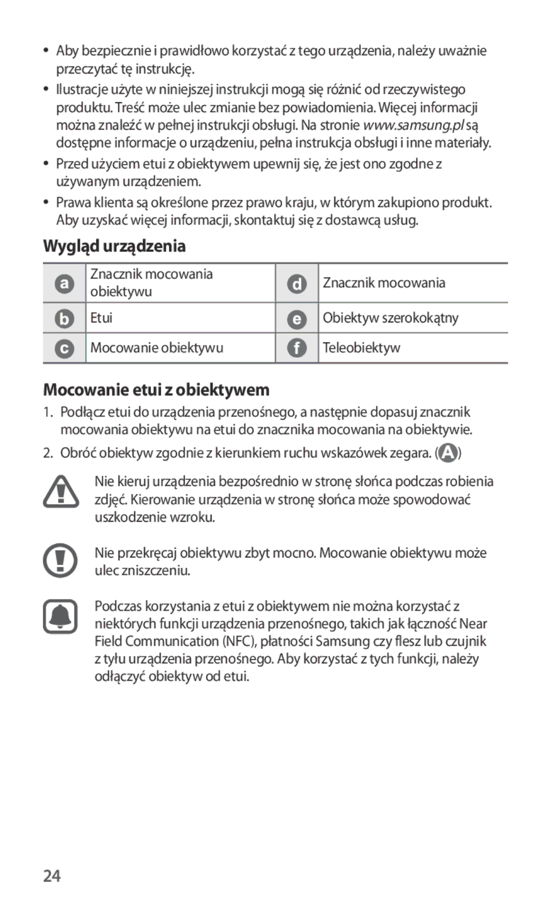 Samsung ET-CG935DBEGWW, ET-CG930DBEGWW, ET-CG930DBEGRU, ET-CG935DBEGRU manual Wygląd urządzenia, Mocowanie etui z obiektywem 