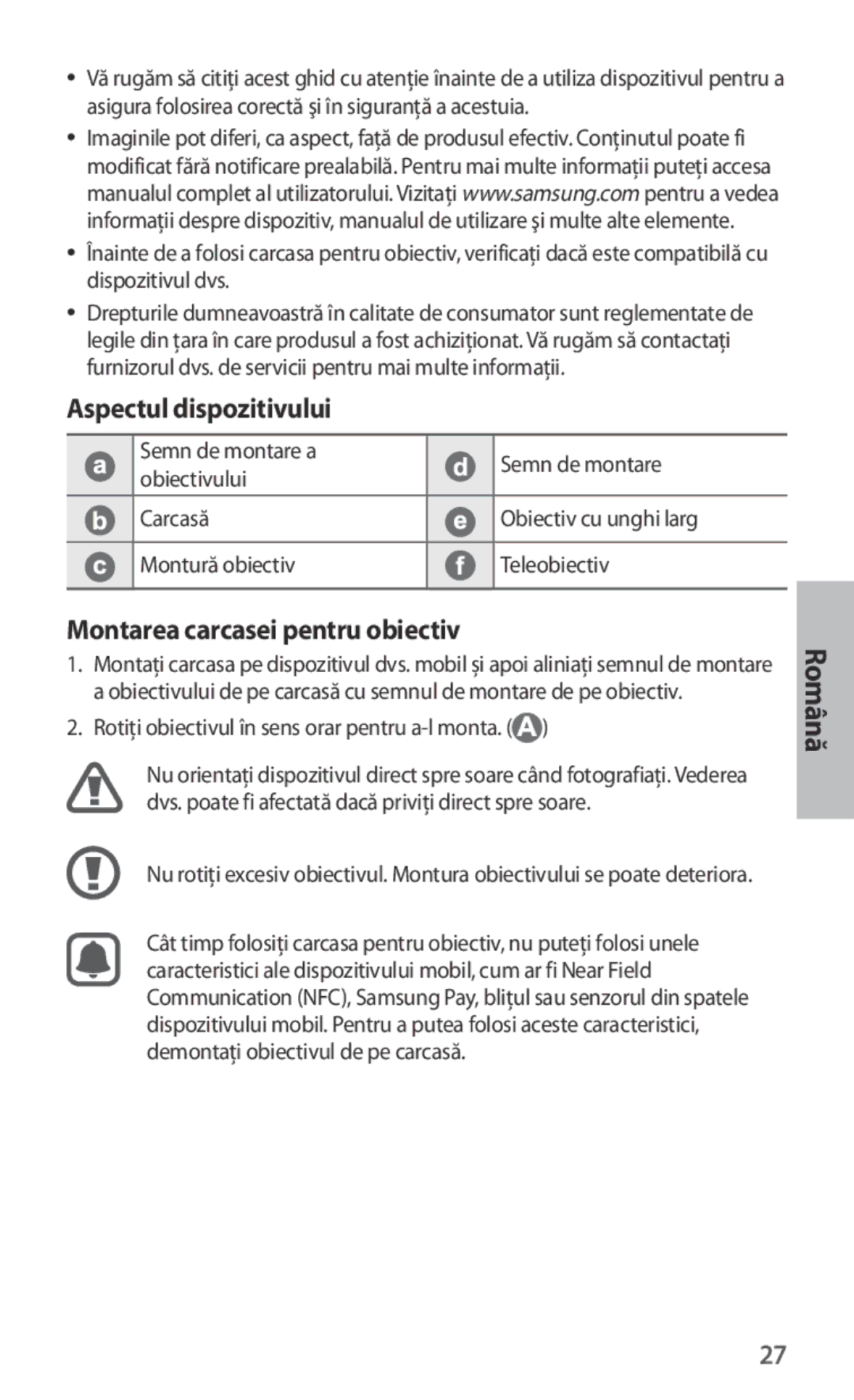 Samsung ET-CG935DBEGRU, ET-CG935DBEGWW, ET-CG930DBEGWW manual Aspectul dispozitivului, Montarea carcasei pentru obiectiv 