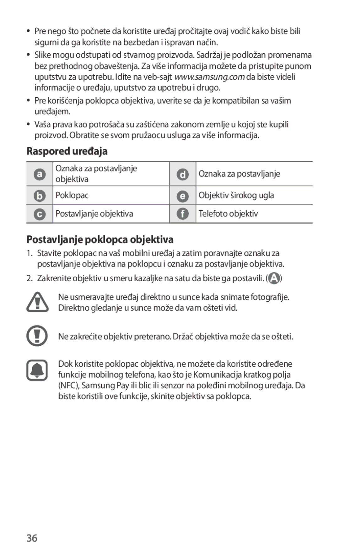 Samsung ET-CG935DBEGWW, ET-CG930DBEGWW, ET-CG930DBEGRU, ET-CG935DBEGRU Raspored uređaja, Postavljanje poklopca objektiva 