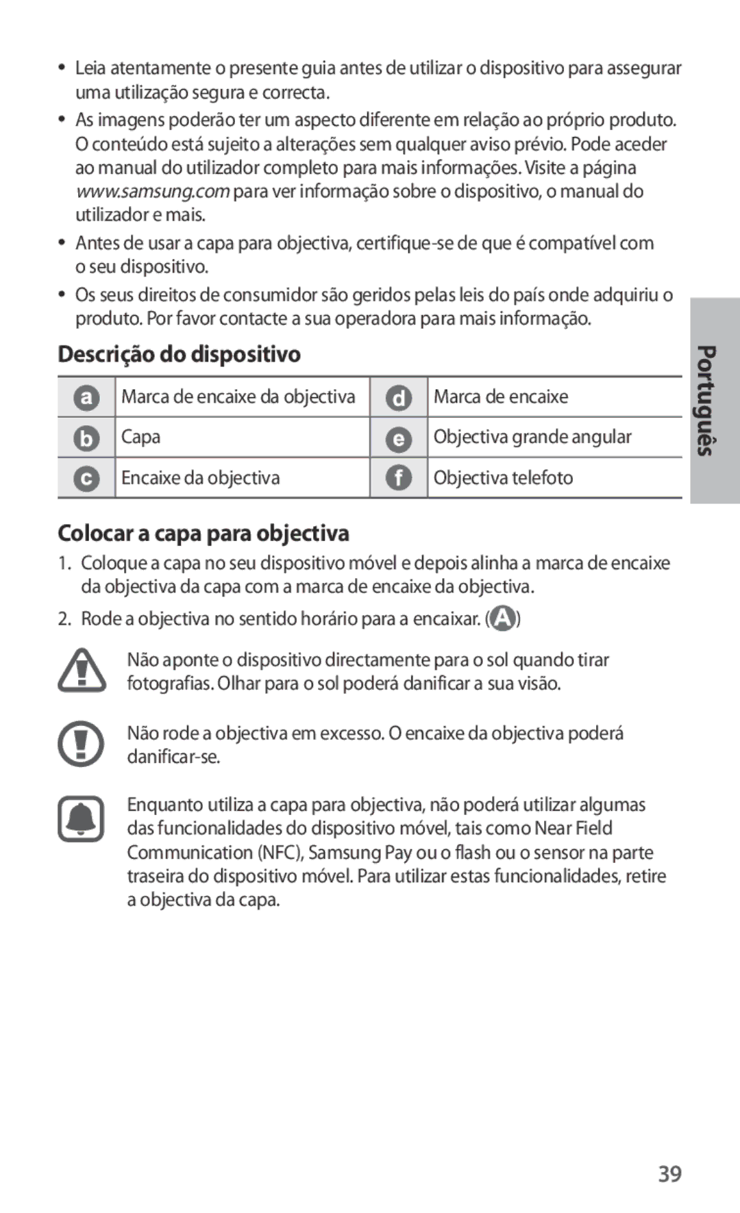 Samsung ET-CG935DBEGRU, ET-CG935DBEGWW manual Descrição do dispositivo, Colocar a capa para objectiva, Marca de encaixe 